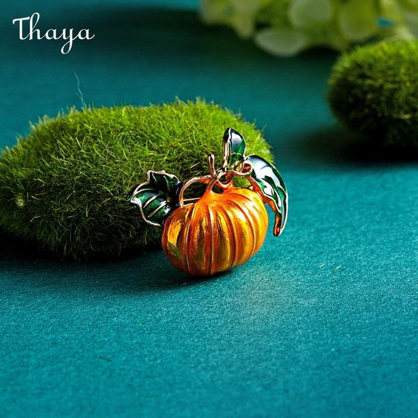 Thaya Pumpkin Brooch Pin with Green Leaves