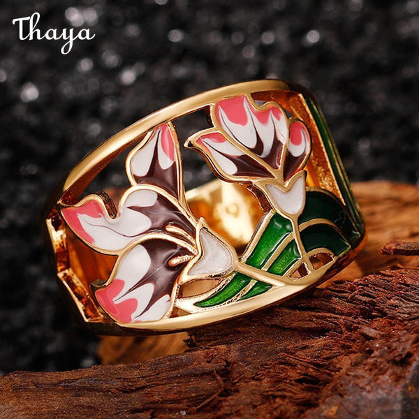 Thaya Gold-plated Enamel Pattern Floral  Ring