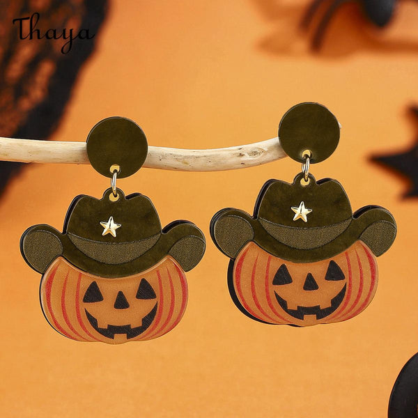 Thaya Halloween Pumpkin Cowboy Hat Earrings