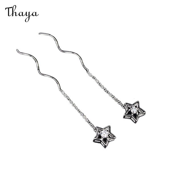 Thaya 925 Silver Pentagram Tassel Earrings
