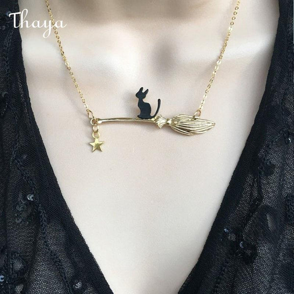 Thaya Cat on Broomstick Pendant Necklace