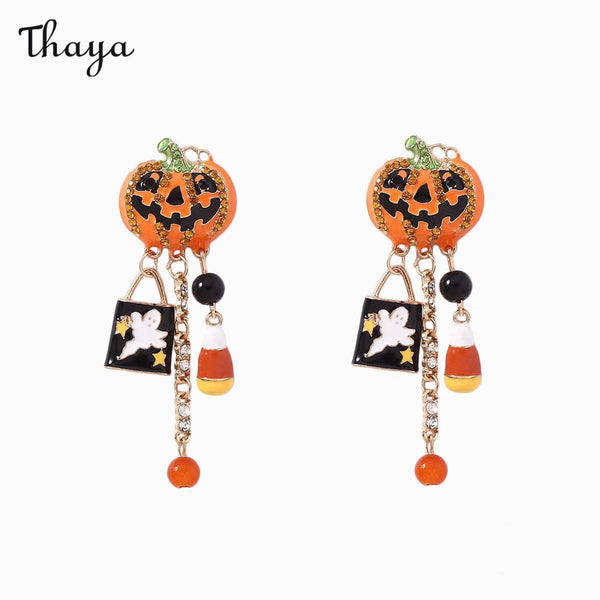 Thaya Novelty Halloween Pumpkin Skull Tassel Earrings
