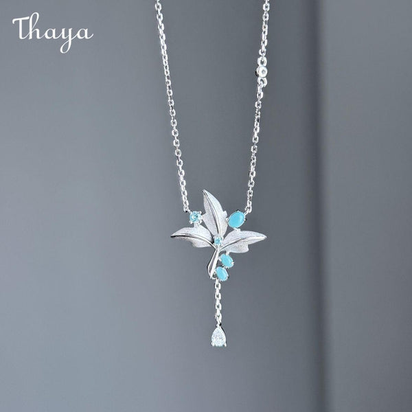 Thaya S925 Silver Leaf Necklace with Blue Gems
