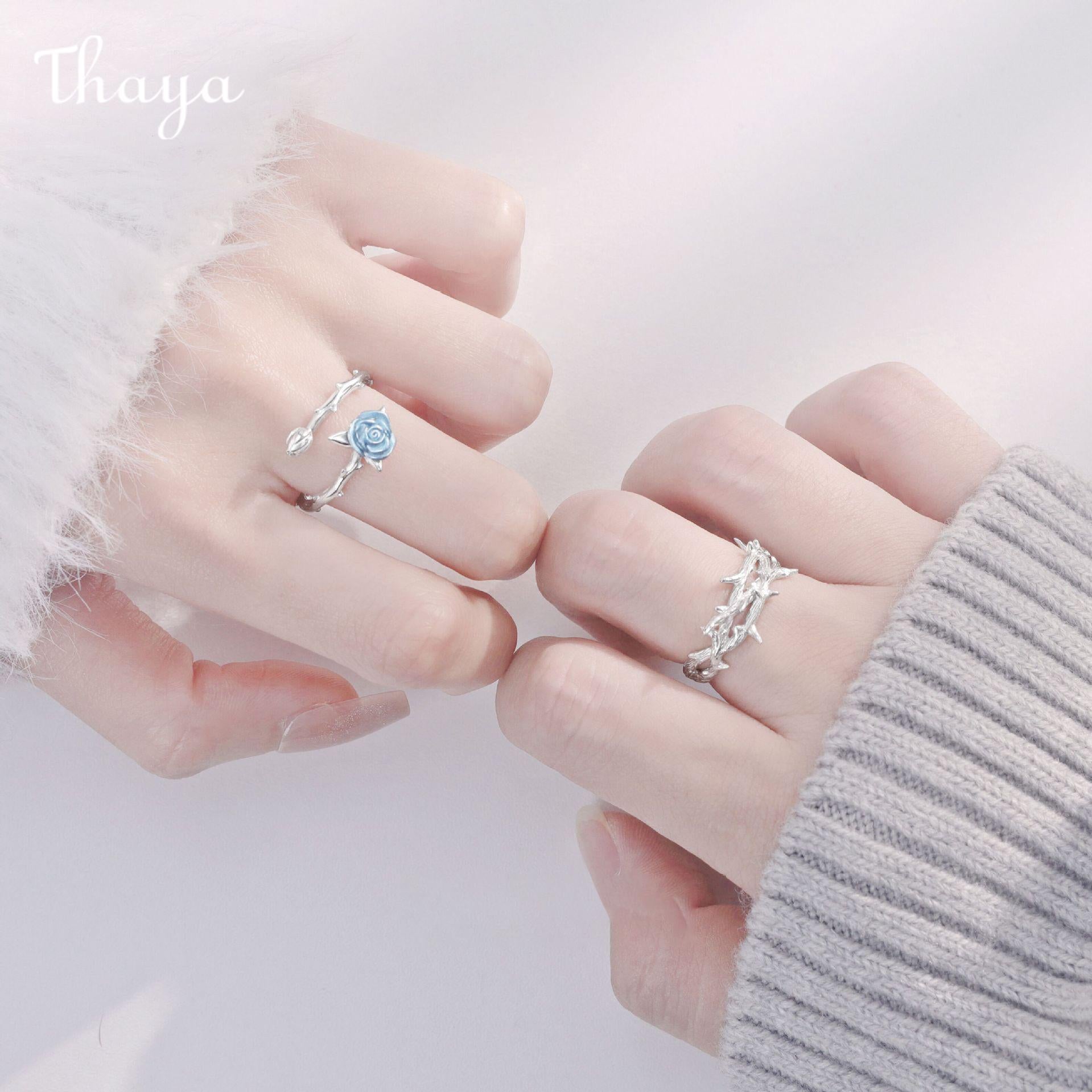 Two Roses Ring Thaya 925 Silver Thorn Rose Couple Rings