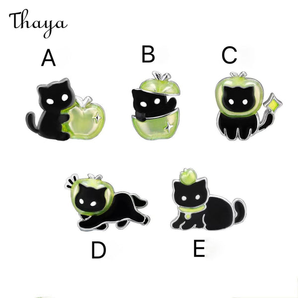 Thaya Cute Black Cat Green Apple Earring