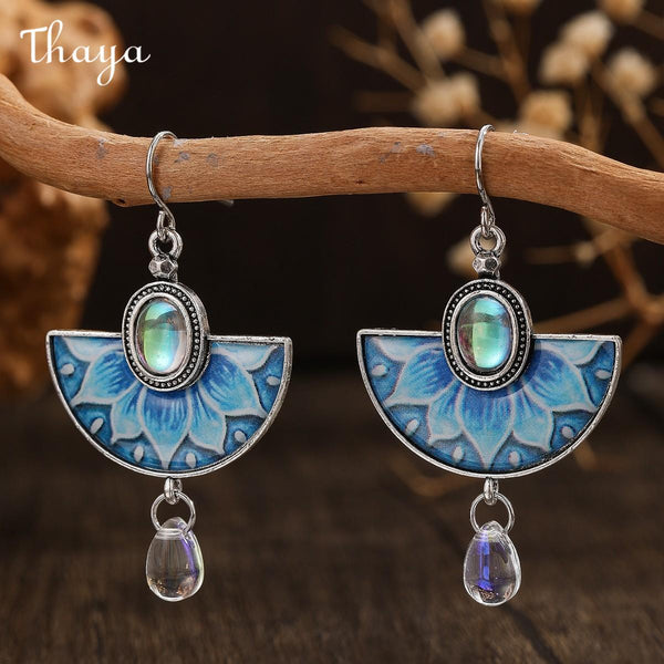 Thaya Blue Floral Fan-Shaped Dangle Earrings