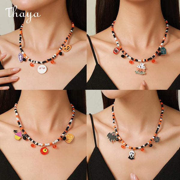 Thaya Halloween Ghost Pumpkin Multi-Pendant Rice Bead Necklace