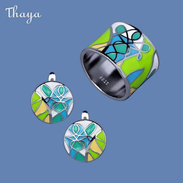 Thaya  Art Graffiti Exaggerated Personality Enamel Ring and Earrings Set