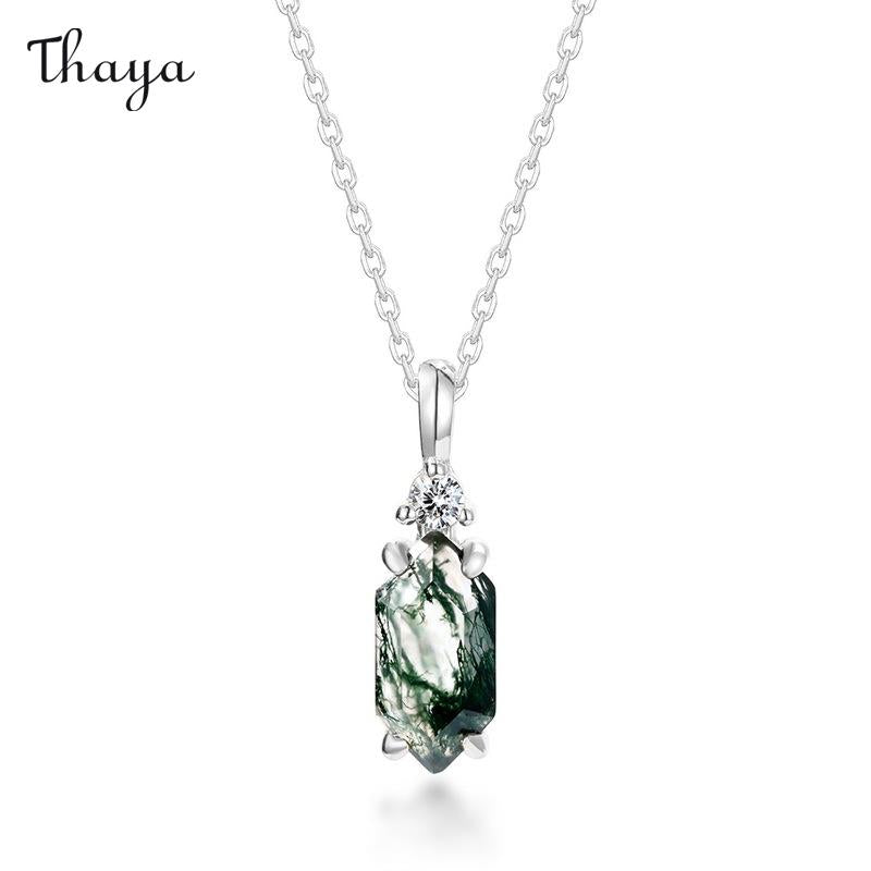 Thaya S925 Silver Simple Green Moss Stone Pendant Necklace