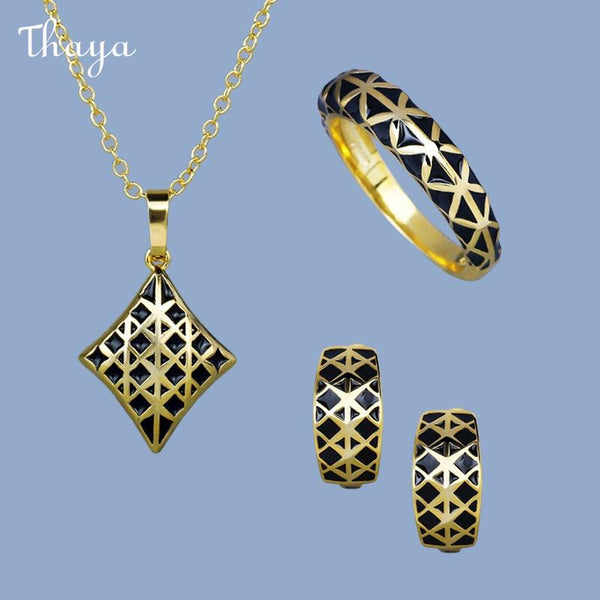 Thaya  Retro Geometric Prismatic Black Gold Two-Tone Enamel Jewelry Set