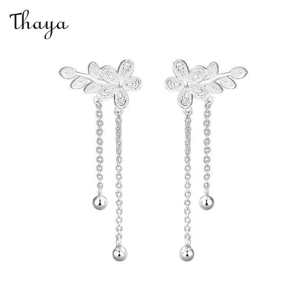 Boucles d'oreilles à pampilles exquises en argent 999 Thaya en forme de fleur de prunier