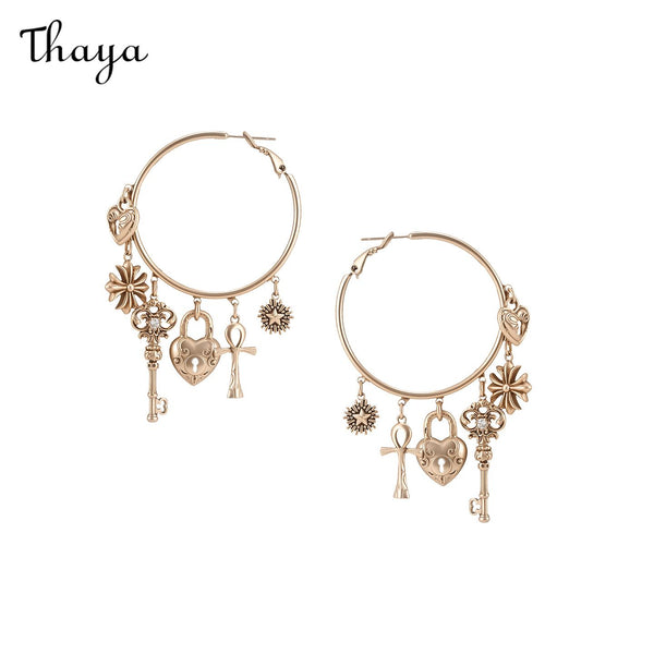 Thaya Love Lock Core Retro  Key Heart  Large Hoop Earrings