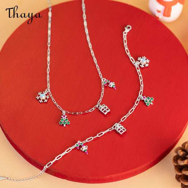 Thaya S925 Silver Christmas Charm  Snowflake Tree Glazed Stone Necklace