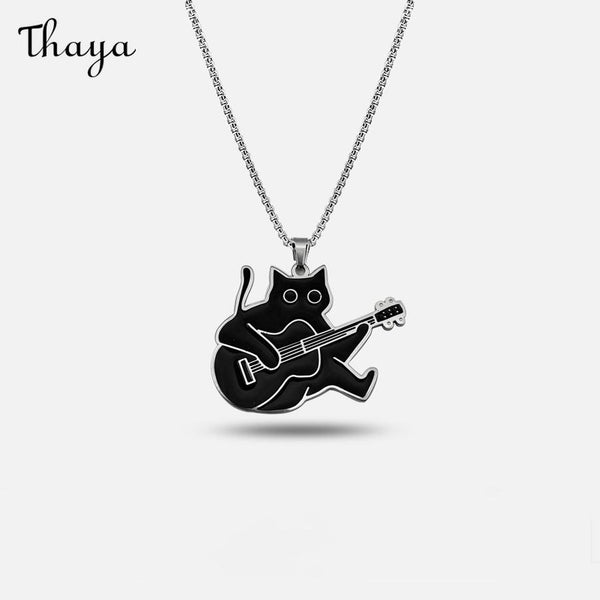 Thaya Black Cat with Guitar  Necklace