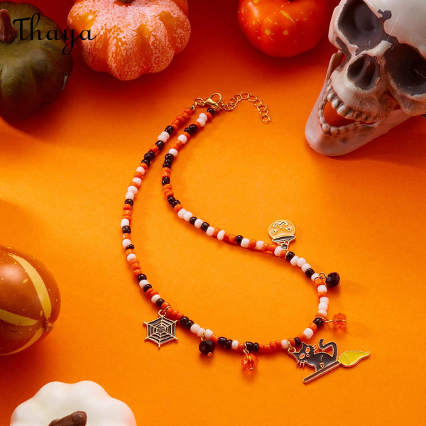 Thaya Halloween Pumpkin Ghost Spider Pendant  Bead Necklace