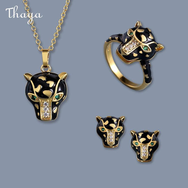 Thaya  Enamel Zircon Three-Piece Set Leopard Ring Earrings Necklace