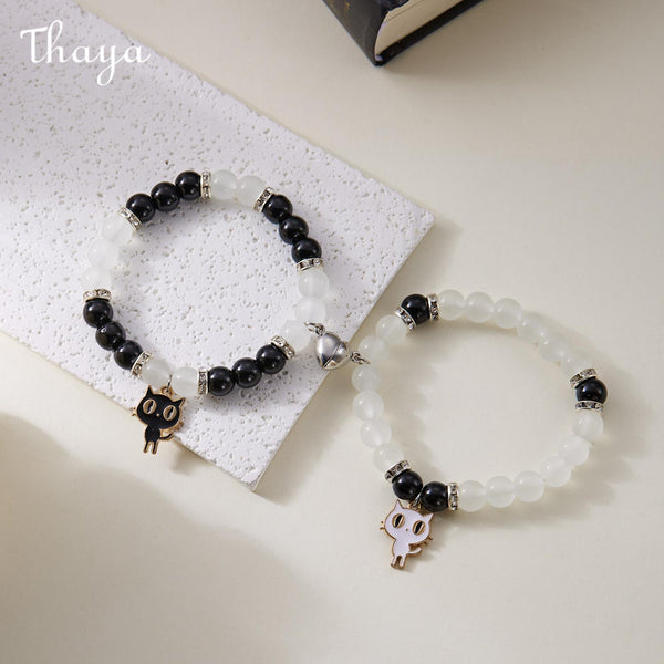 Thaya Magnetic Couple Beaded Cat Charm Bracelet
