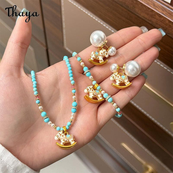 Thaya Colorful Enamel Trojan Horse Turquoise Beaded Necklace Bracelet & Earrings