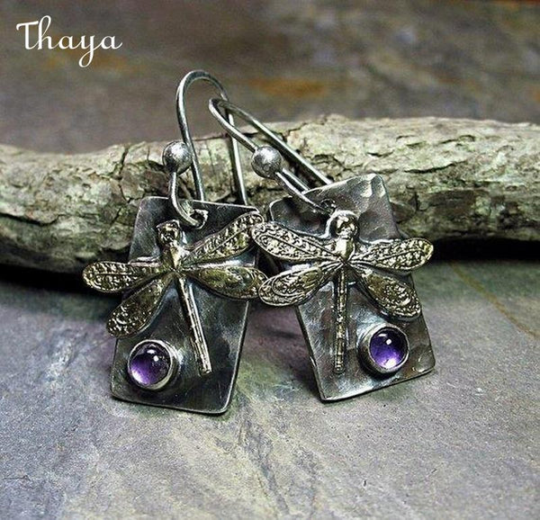 Thaya Dragonfly Purple Stone Drop Earrings