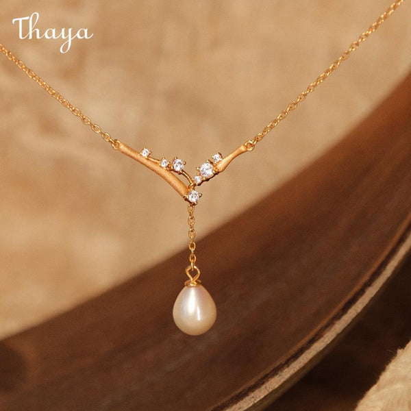 Thaya Brushed Texture Elegant Branch Tassel Pearl Necklace