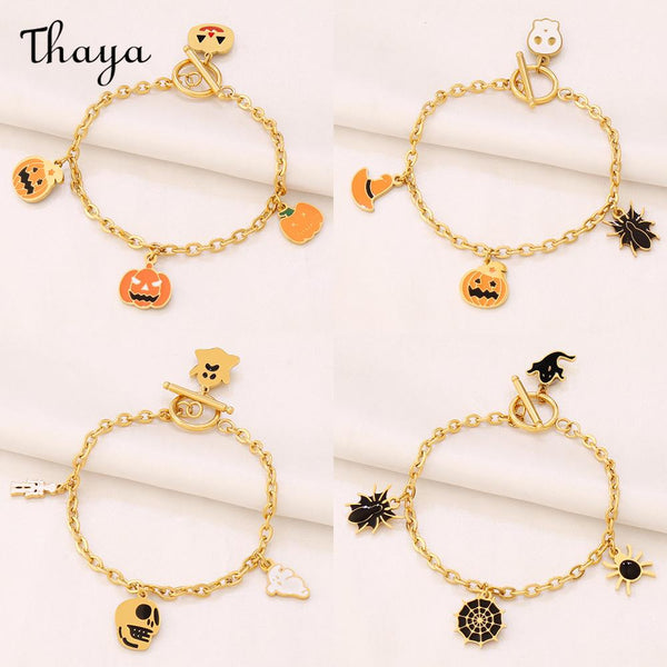 Thaya Halloween Charm Skull Pumpkin Head Spider Bat Ghost  Bracelet