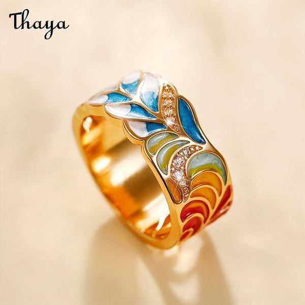 Thaya Enamel  Colorful  Blue White Porcelain Pattern Ring