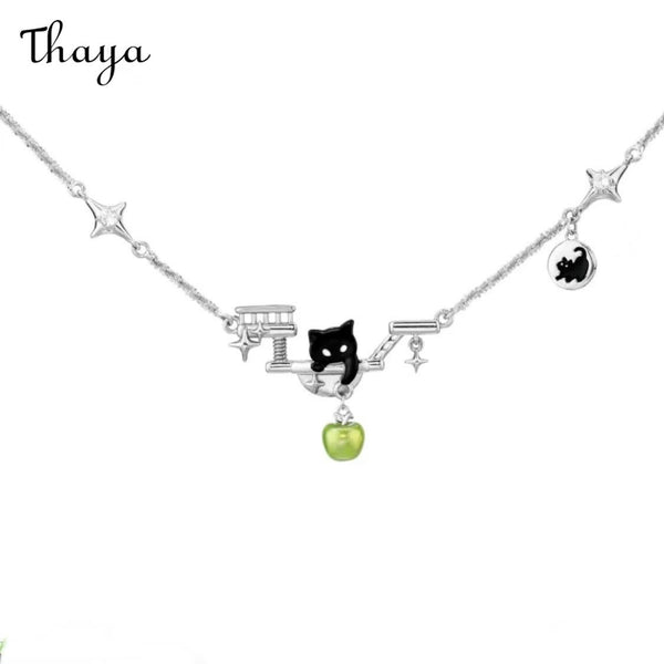 Thaya Cute Black Cat Green Apple Necklace & Ear Clips