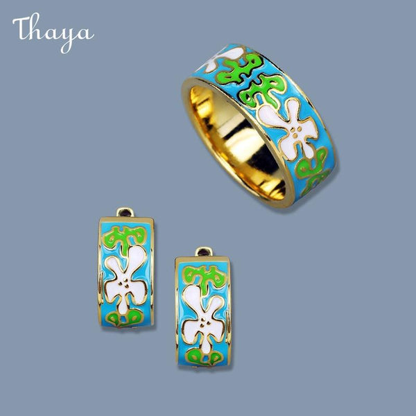 Thaya Enamel Ethnic Flower Elegant Retro Pastoral Flower Ring Earrings
