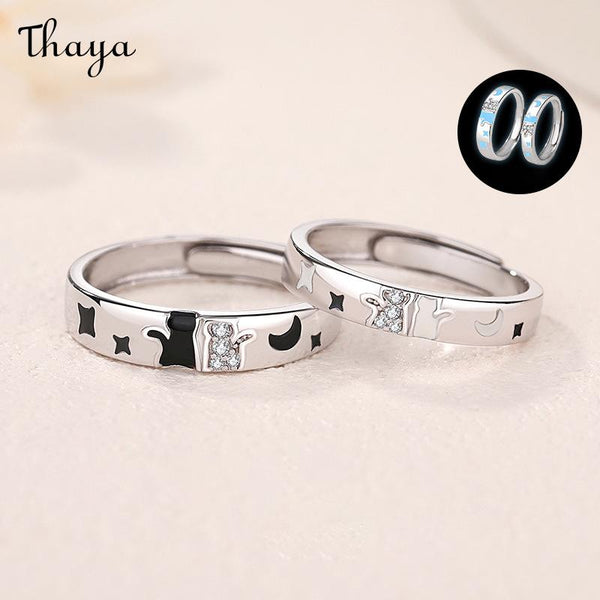 Thaya S925 Silver  Enamel Luminous Matching Cat Couple Rings