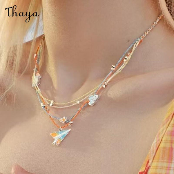 Thaya Colorful String Layered Paper Plane Necklace