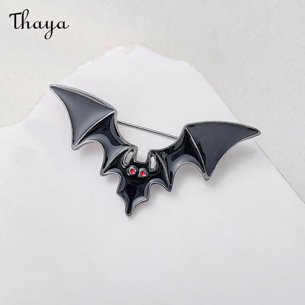 Thaya Black Bat Brooch with Red Eyes
