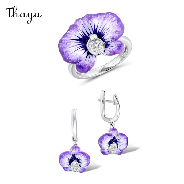 Thaya Elegant  Enamel Violet Flower Diamond Jewelry Set