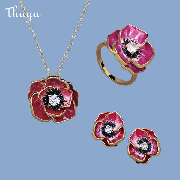 Thaya Enamel Pink rose flower  Jewelry Set