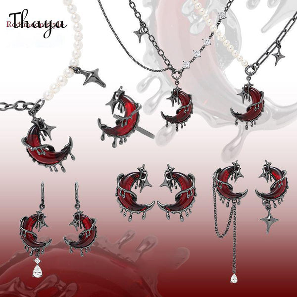 Thaya Gun Black Asymmetrical Rose Red Moon  Jewelry Set