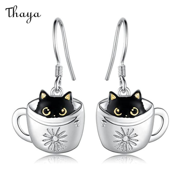 Thaya Original Cute Little Black Cat Cup Earrings