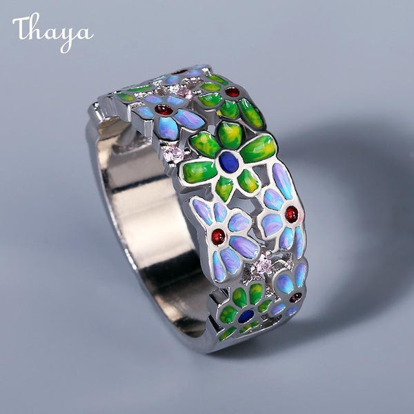 Thaya Enamel Blue Lacquer Cloisonné Flower Diamond Ring