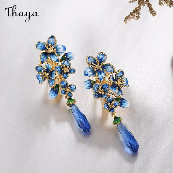 Thaya Enamel Blue Flower Tassel Drop Earrings
