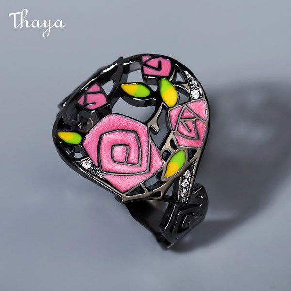 Thaya Enamel Dark Floral Rose  Ring