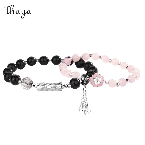 Thaya 925 Silver Obsidian  crystal Cherry Blossom Bracelet