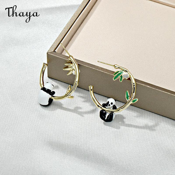 Thaya Panda Bamboo Hoop Dangle Earrings