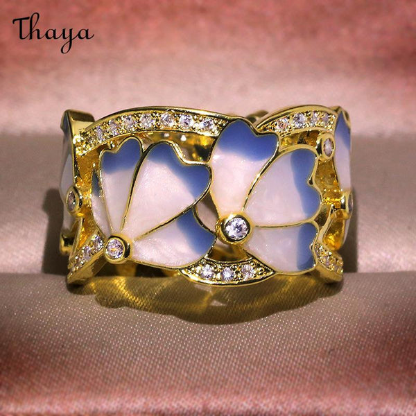 Thaya Blue Enamel Colored Flower Ring