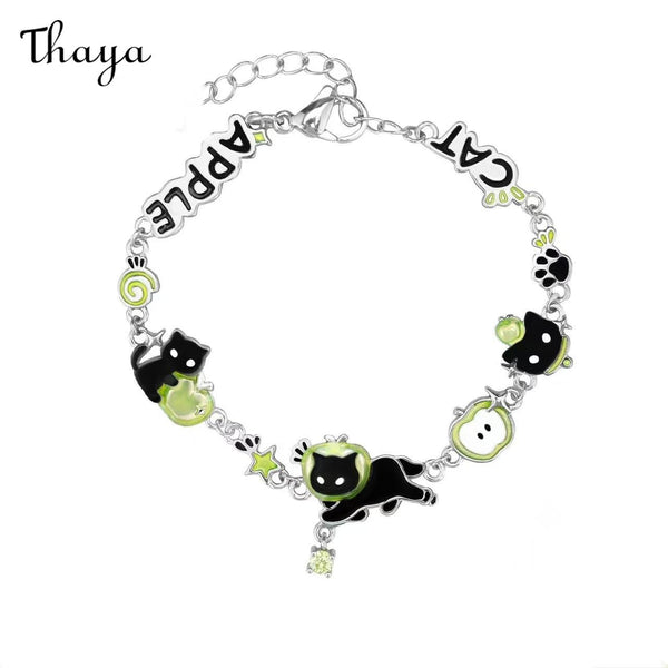 Thaya  Charm Cute Black Cat Green Apple Bracelet