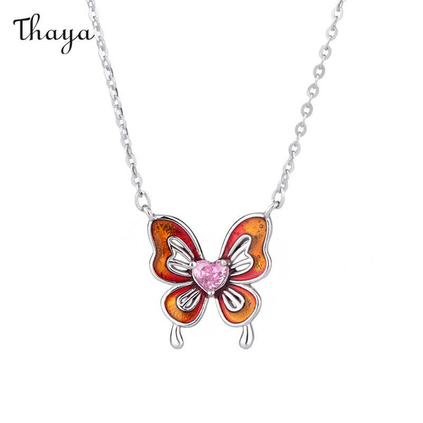 Collier et boucles d'oreilles élégants en argent 999 avec papillon en émail Thaya