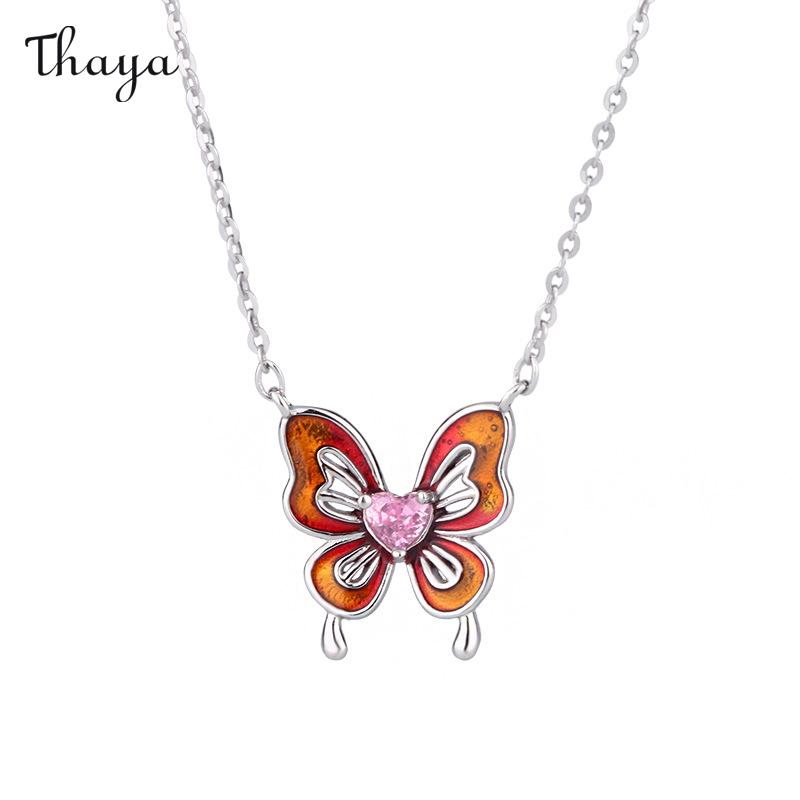 Collier et boucles d'oreilles élégants en argent 999 avec papillon en émail Thaya