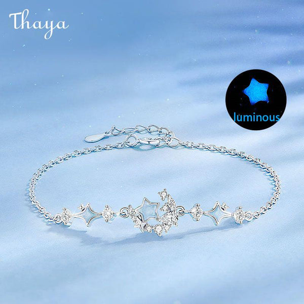 Thaya S925 Silver Luminous Enamel Moon Falling Starry River Bracelet &Earrings