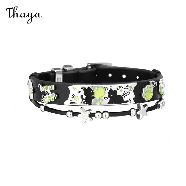Thaya Cute Black Cat Green Apple Leather Bracelet