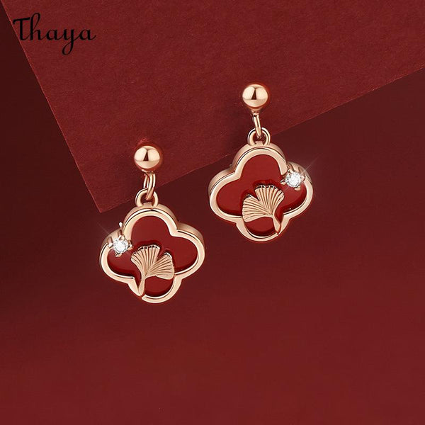 Thaya S990 Silver Red Agate Four-Leaf Clover Small Lucky Earrings Necklace Bracelet