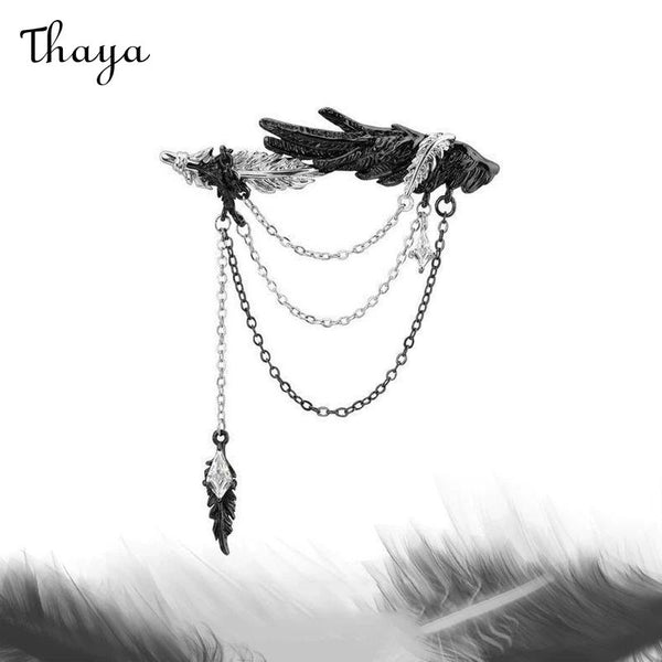 Thaya Crow Love Black White  Feather Chain Brooch
