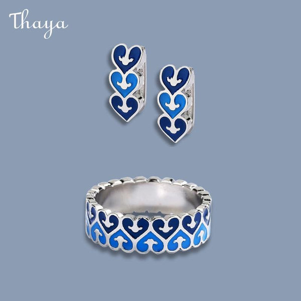 Thaya Enamel Gradient Heart Geometric Pattern  Ring & Earrings Set