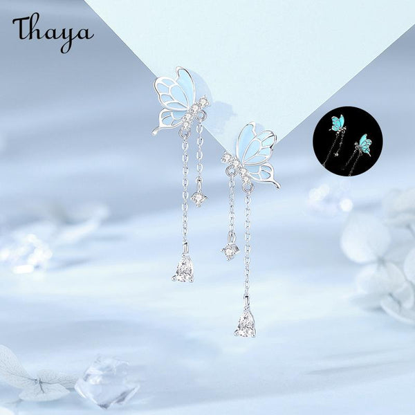 Thaya S925 Silver Luminous Enamel Dancing Butterfly Tassel Earrings